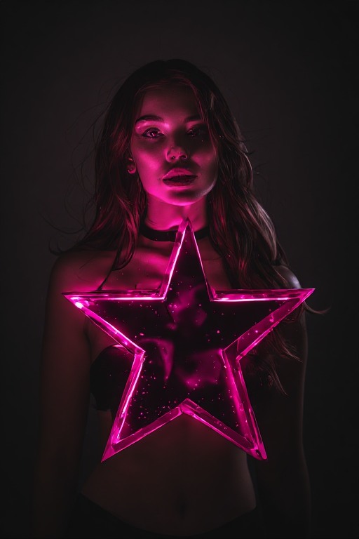 Fictional AI-generated adult character in magenta studio light